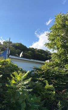 Exterior edge of a commercial metal roof near a tree-lined perimeter in the Mohawk Valley.