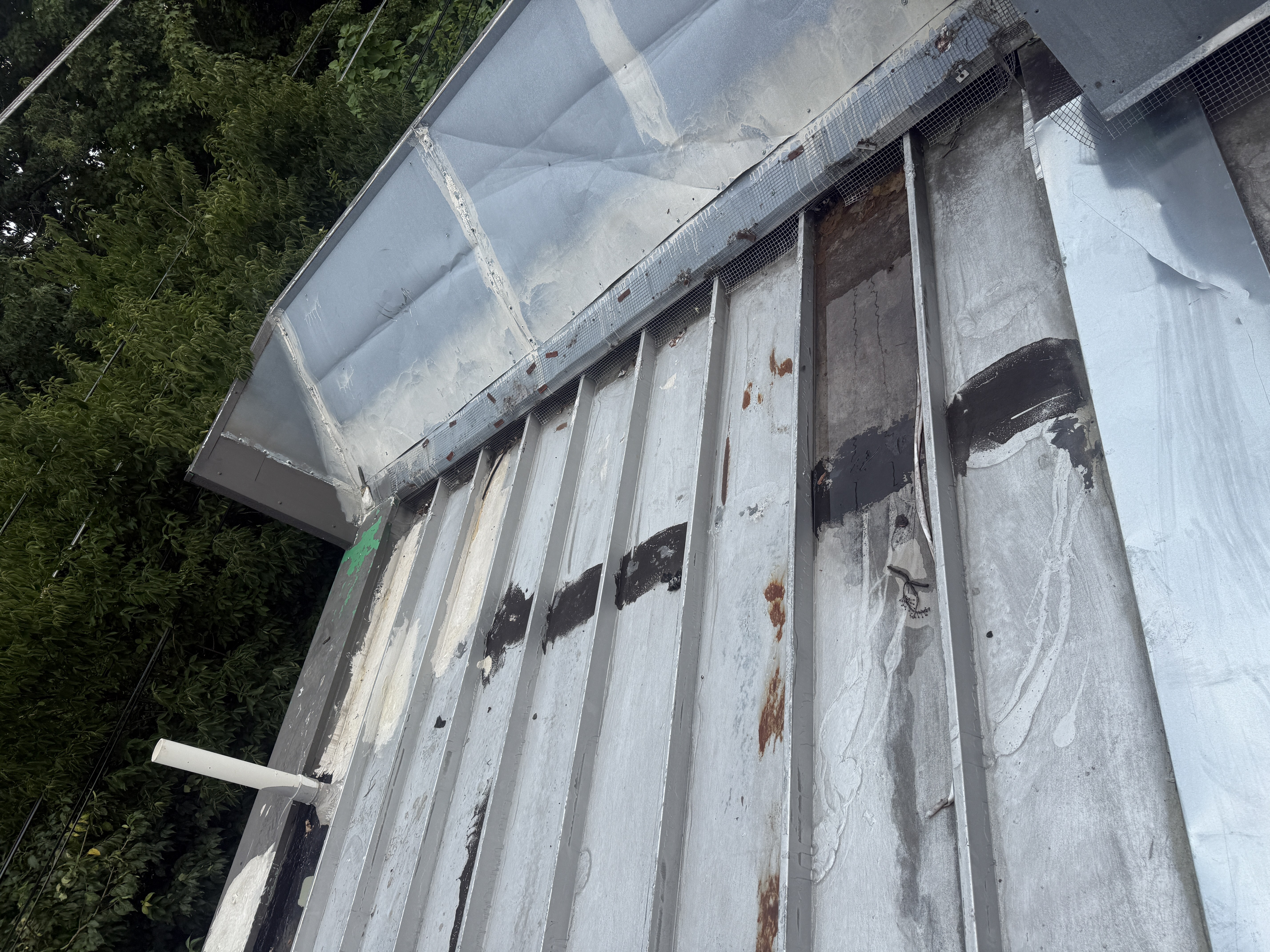 Standing-seam metal roof panels with mastic patches along several seams and rust staining.