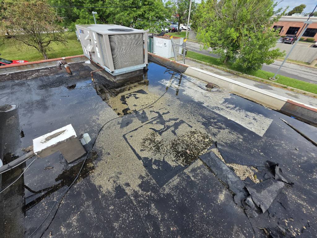 Low-slope commercial roof with standing water around rooftop equipment at a Williamsville fuel site.